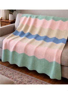 Pastel Chevron Knit Throw Blanket in Pink, Mint & Blue - Cozy Home Accent